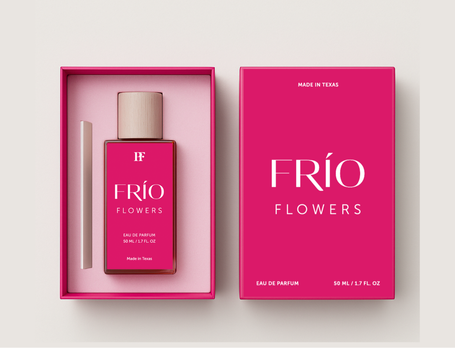 Frio Flowers perfume bottle and packaging on a light beige background